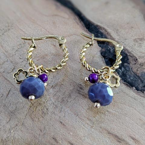 Earrings twisted purple stone - gold/purple  O0887