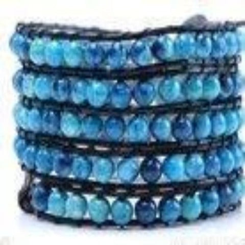 A0096 Wrap armband, zwart leer, verschillende ronde blauwe Agaat edelstenen kralen